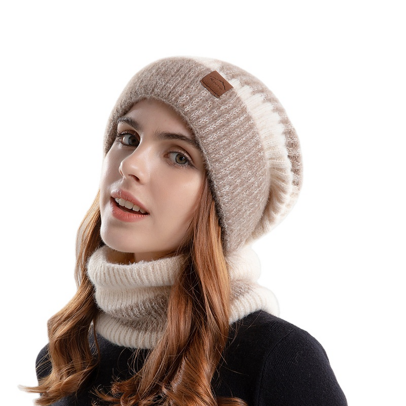 Knitted Beanie Manufacturer - Winter Two-Color Two-Piece Women's Thickened Woolen Hat Fleece-Lined Ear Protection Scarf