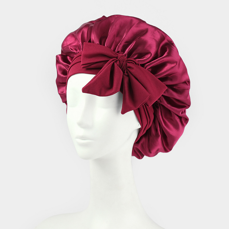 Women's Sleep Hat Manufacturer - Elastic Satin Nightcap with Bow Ribbon Beauty Hair Care Made Silk for Ski Scenes