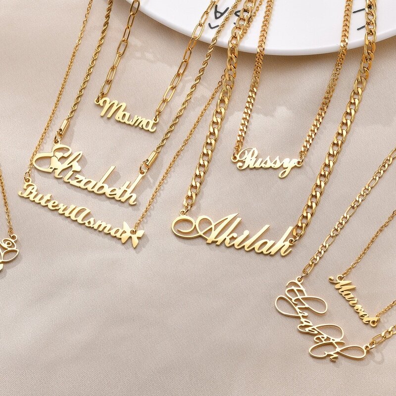 No Tarnish 316L Stainless Steel Necklace Manufacturer - 18K High Gold Plated with Figaro Chains Name Necklace with Bracelet Set