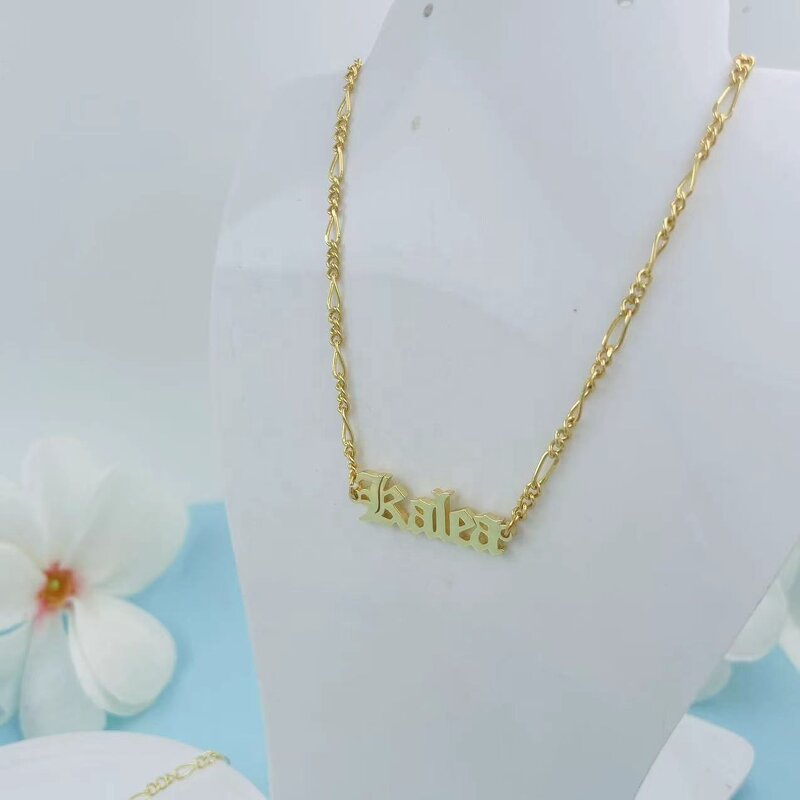 No Tarnish 316L Stainless Steel Necklace Manufacturer - 18K High Gold Plated with Figaro Chains Name Necklace with Bracelet Set