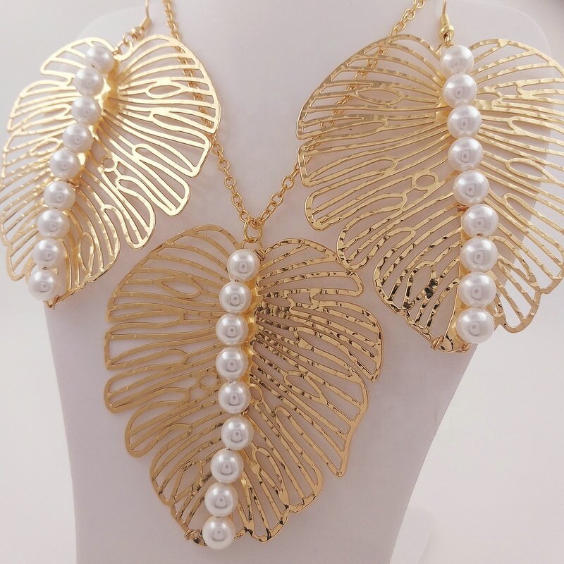 Shell Pearl Jewelry Set Manufacturer - Leave Necklace Hawaiian Maile Leaf Lei Design Ready to Ship