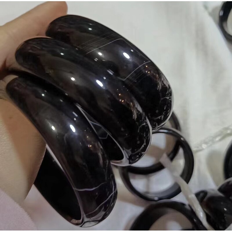 Pure Black Jade Bangle Manufacturer - Large US Size8-9 Natural Agate Stone 21mm Wide Bracelet Best Gift for Woman Man