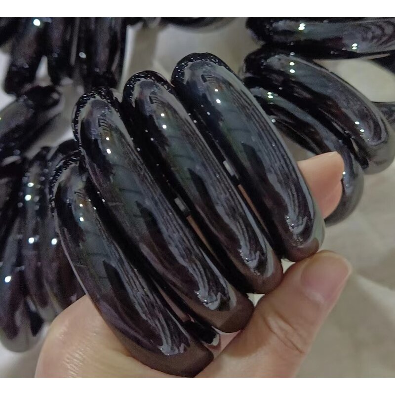 Pure Black Jade Bangle Manufacturer - Large US Size8-9 Natural Agate Stone 21mm Wide Bracelet Best Gift for Woman Man