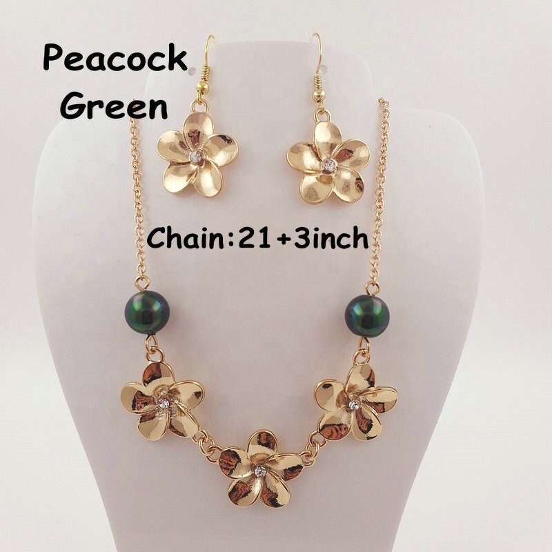 Shell Pearl Jewelry Set Manufacturer - Plumeria Flower Necklace Hawaiian Tropical Flower Maile Leaf Lei Design Earrings 15 Colors Ready to Ship