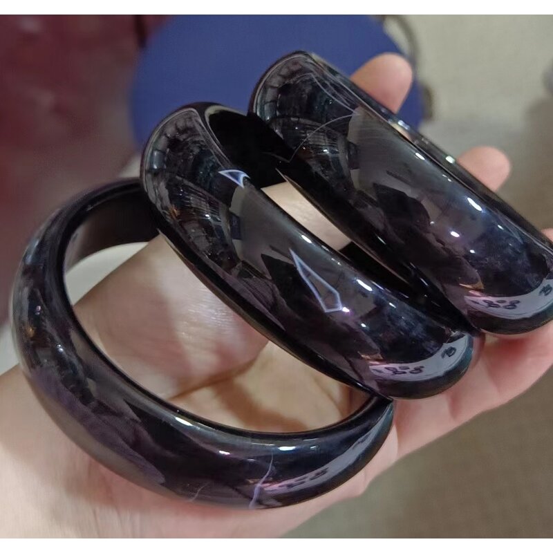 Pure Black Jade Bangle Manufacturer - Large US Size8-9 Natural Agate Stone 21mm Wide Bracelet Best Gift for Woman Man