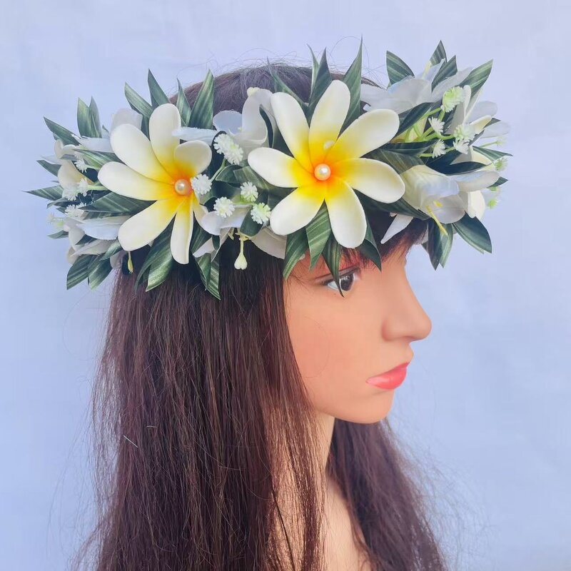 Islander Headband Manufacturer - Design Tiara Plumerial Foam Flower with T Leaves White Collection for Wedding Dancing Party