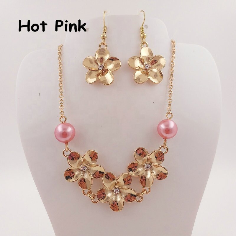 Shell Pearl Jewelry Set Manufacturer - Plumeria Flower Necklace Hawaiian Tropical Flower Maile Leaf Lei Design Earrings 15 Colors Ready to Ship