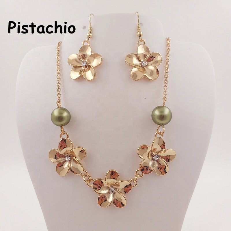 Shell Pearl Jewelry Set Manufacturer - Plumeria Flower Necklace Hawaiian Tropical Flower Maile Leaf Lei Design Earrings 15 Colors Ready to Ship
