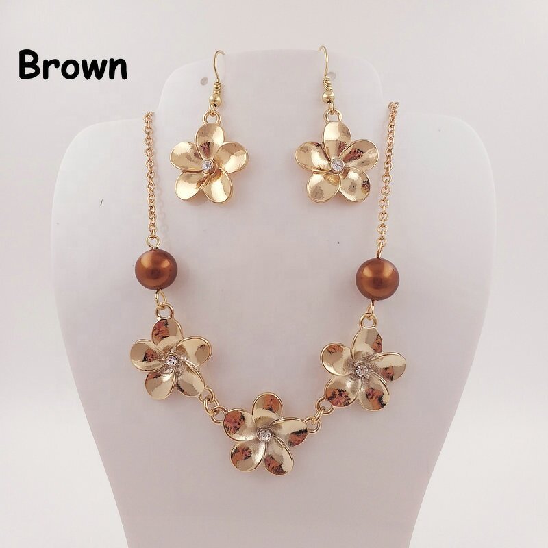 Shell Pearl Jewelry Set Manufacturer - Plumeria Flower Necklace Hawaiian Tropical Flower Maile Leaf Lei Design Earrings 15 Colors Ready to Ship