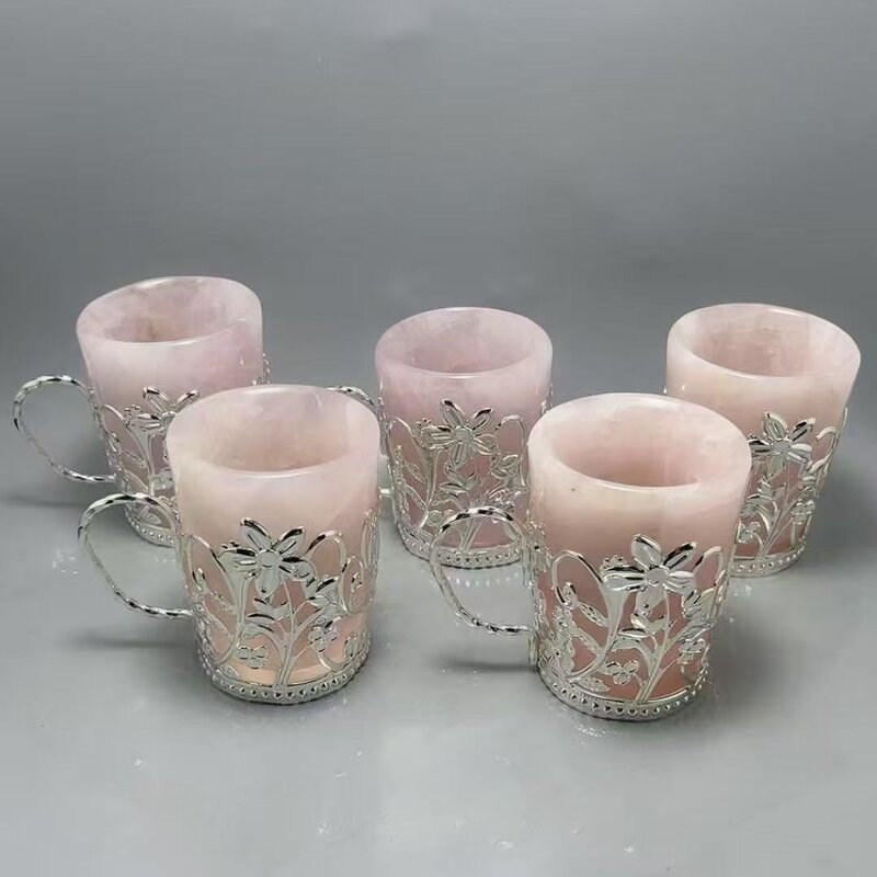 Pink Rose Quartz Cup Manufacturer - Natural Wrapped in Alloy for Drinking Craft Decoration