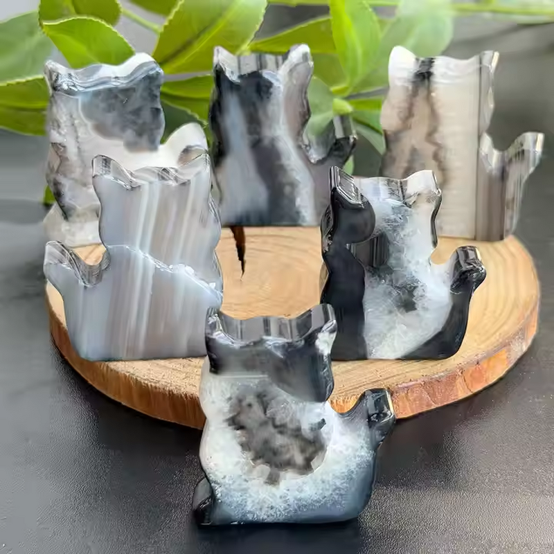 Black Agate Cats Carving Manufacturer - Wholesale Natural Polished Crystal Crafts for Home Decoration Gift Healing Stone