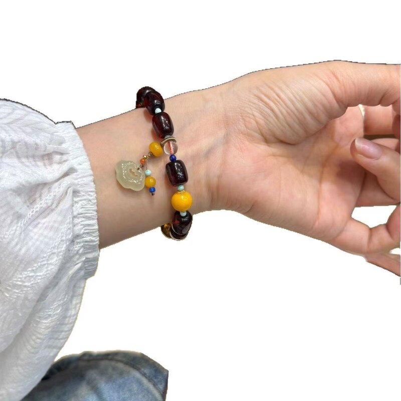 Blood Amber Bracelet Manufacturer - Natural Date Single-Strand with Hetian Jade 8mm Raw Ore Beeswax Accents Handcrafted