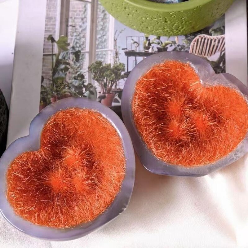 Heart-Shaped Agate Bowls Manufacturer - Natural with Orange Fuzzy Needle Balls Artificial Crystal Craft for Desktop