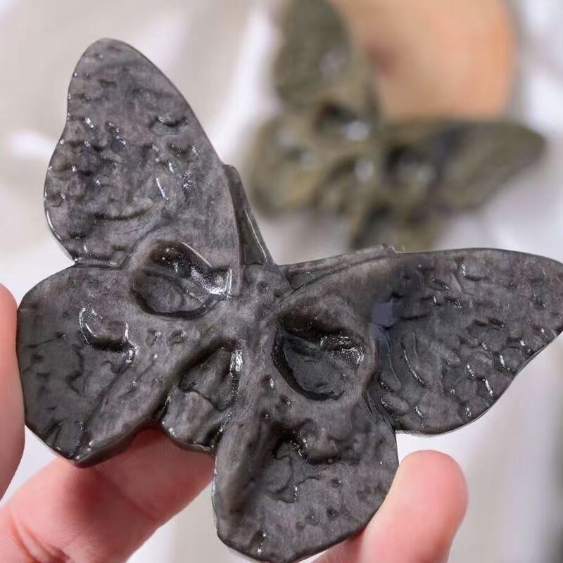 Gold Silver Sheen Obsidian Carved Skull-Faced Butterfly Manufacturer - Natural Craft Ornaments