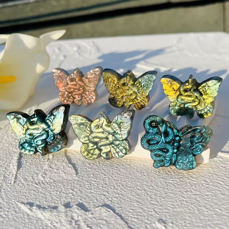 Labradorite Carving Ornament Manufacturer - Natural of Snake and Butterfly Decorative Piece