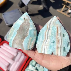 Hemimorphite Stone Ornament Manufacturer - Wholesale Natural Polished Flame Crystal Carved Palm Shape Engraving Home Decor