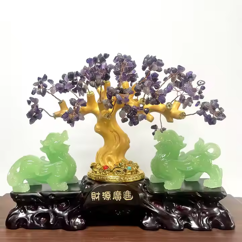 Crystal Tree with Pixiu Manufacturer - Wholesale Large Polished Feng Shui Decoration with Lucky Fortune Flower Mascot