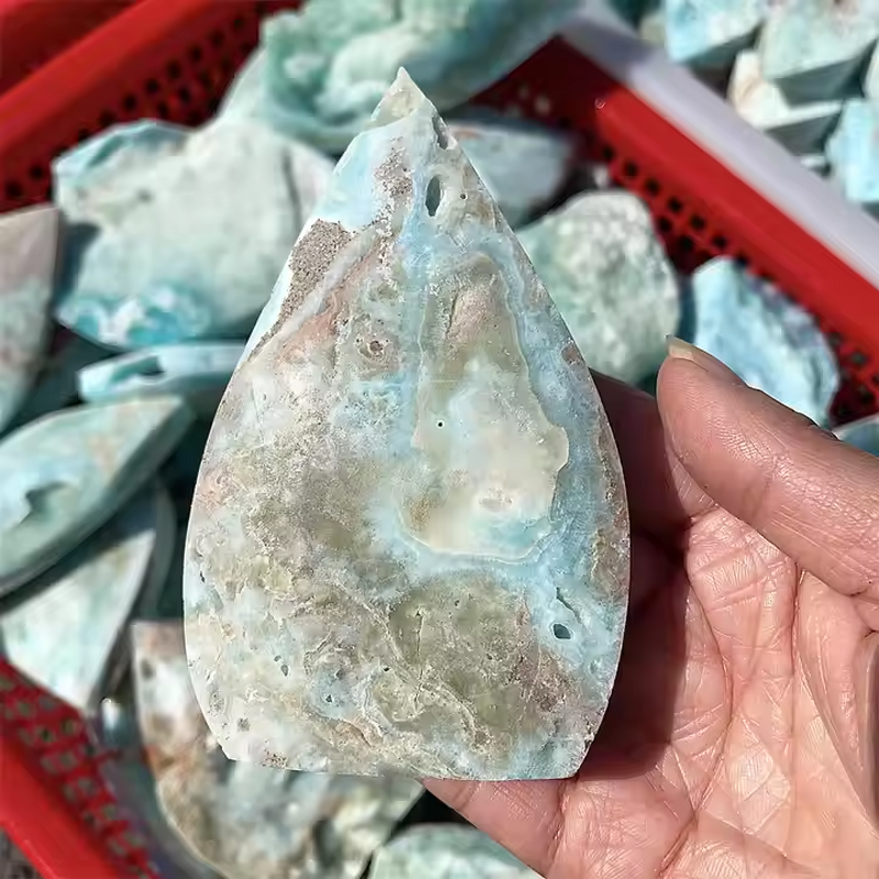 Hemimorphite Stone Ornament Manufacturer - Wholesale Natural Polished Flame Crystal Carved Palm Shape Engraving Home Decor