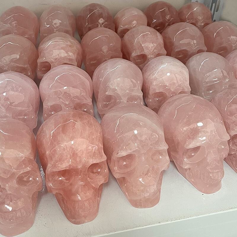 Rose Quartz Crystal Stone Skulls Manufacturer - Wholesale Hand Carved 3 Inches Natural Pink