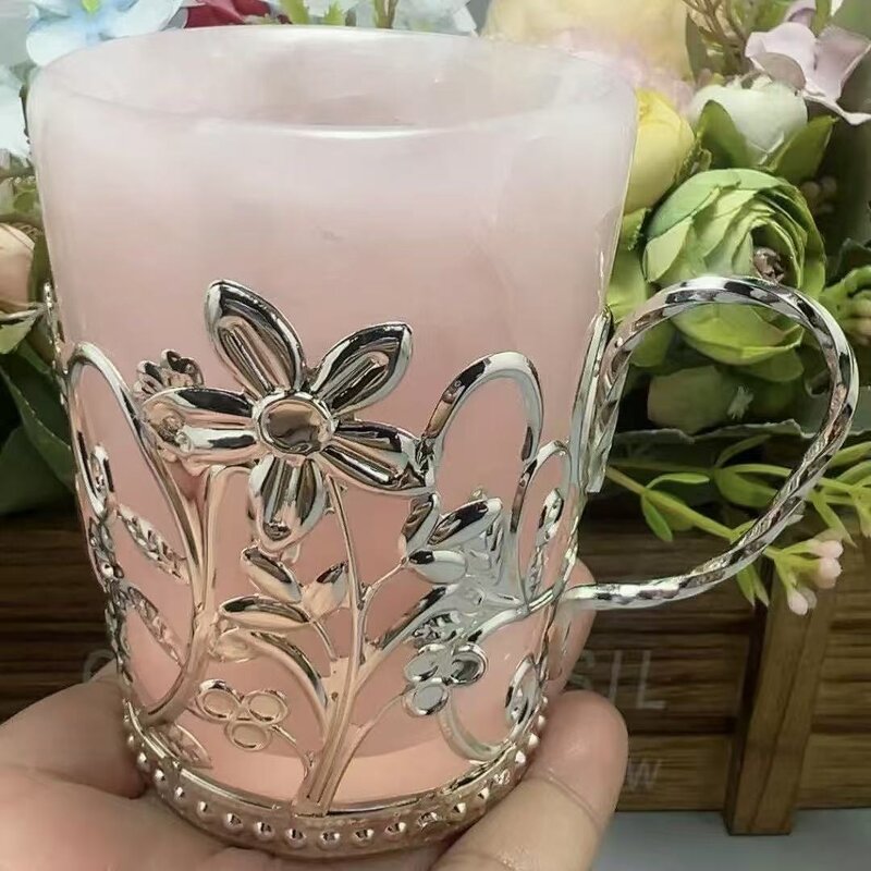 Pink Rose Quartz Cup Manufacturer - Natural Wrapped in Alloy for Drinking Craft Decoration