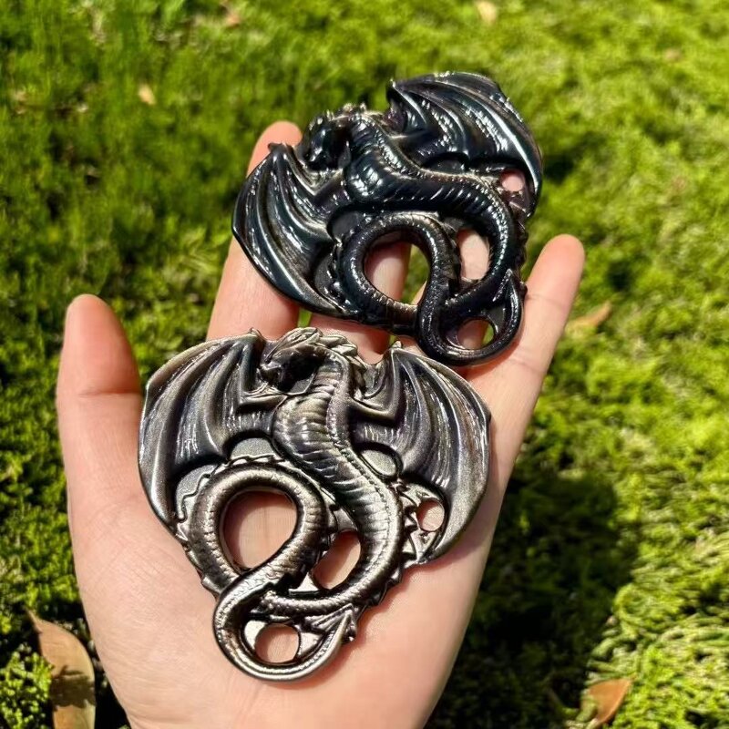 Silver Obsidian Carved Flying Dragon Ornaments Manufacturer - Natural Polished From Raw Stone