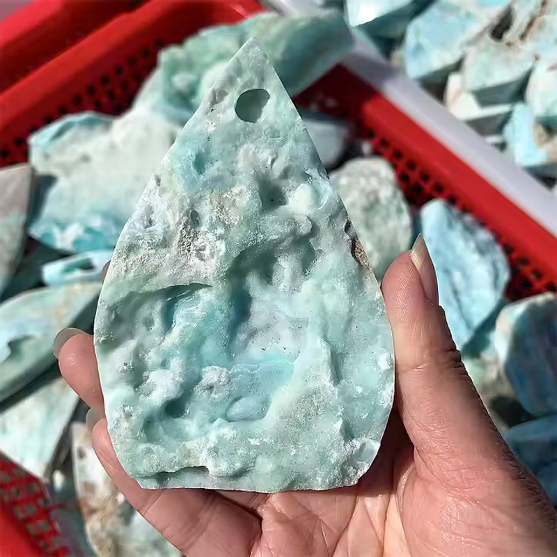 Hemimorphite Stone Ornament Manufacturer - Wholesale Natural Polished Flame Crystal Carved Palm Shape Engraving Home Decor