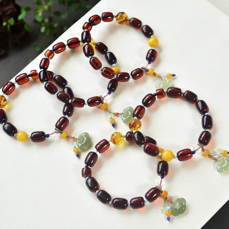 Blood Amber Bracelet Manufacturer - Natural Date Single-Strand with Hetian Jade 8mm Raw Ore Beeswax Accents Handcrafted
