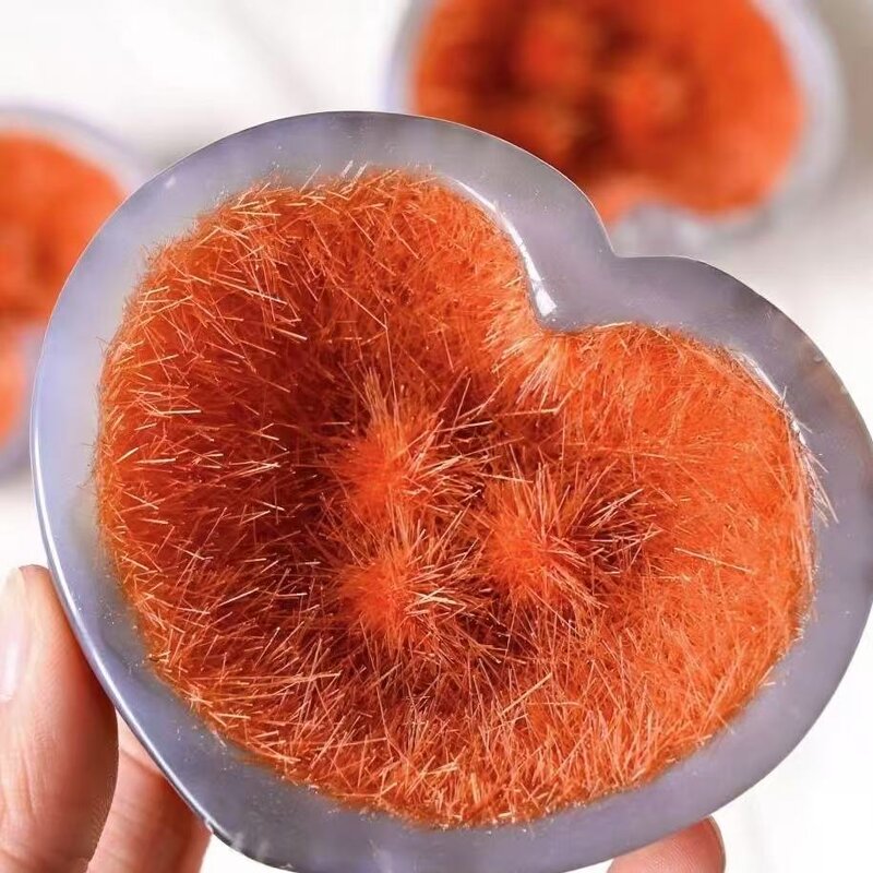 Heart-Shaped Agate Bowls Manufacturer - Natural with Orange Fuzzy Needle Balls Artificial Crystal Craft for Desktop