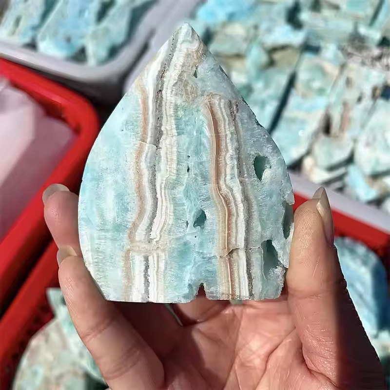 Hemimorphite Stone Ornament Manufacturer - Wholesale Natural Polished Flame Crystal Carved Palm Shape Engraving Home Decor