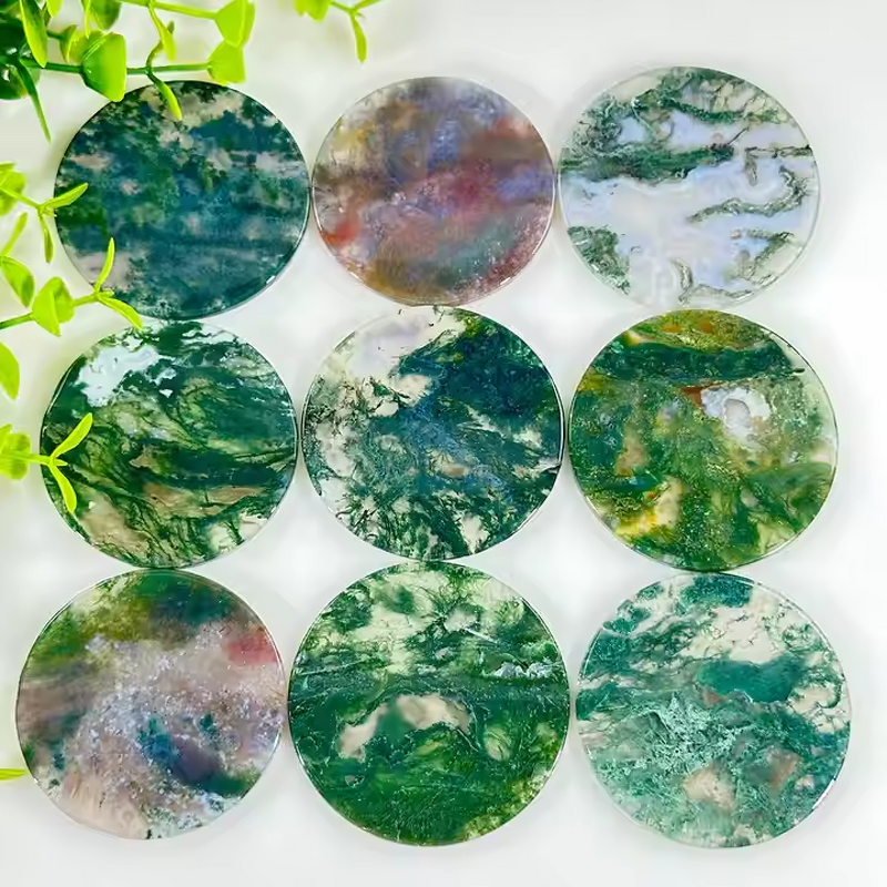 Moss Agate Slice Manufacturer - High Quality Crystal Round Engraved Love Theme for Home Decoration Gift