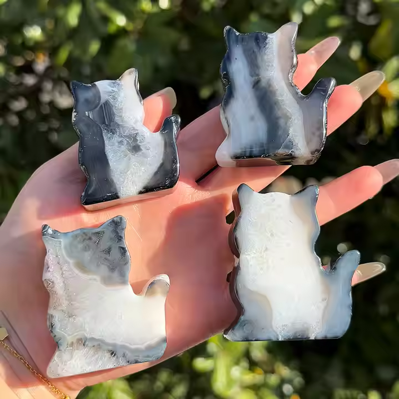 Black Agate Cats Carving Manufacturer - Wholesale Natural Polished Crystal Crafts for Home Decoration Gift Healing Stone
