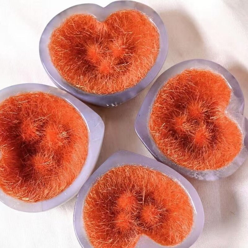 Heart-Shaped Agate Bowls Manufacturer - Natural with Orange Fuzzy Needle Balls Artificial Crystal Craft for Desktop