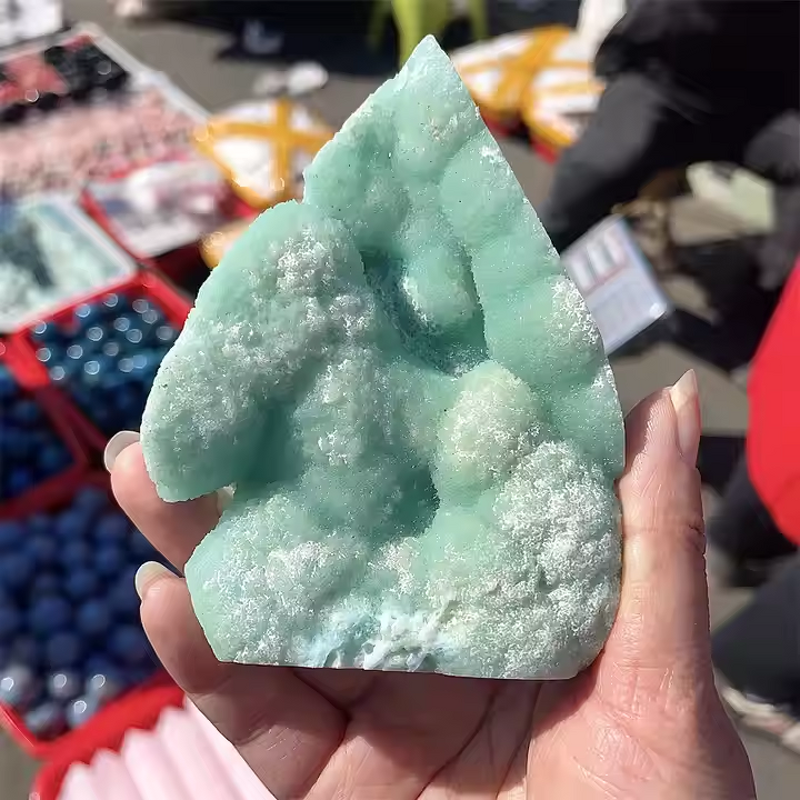 Hemimorphite Stone Ornament Manufacturer - Wholesale Natural Polished Flame Crystal Carved Palm Shape Engraving Home Decor