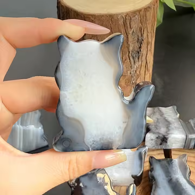 Black Agate Cats Carving Manufacturer - Wholesale Natural Polished Crystal Crafts for Home Decoration Gift Healing Stone