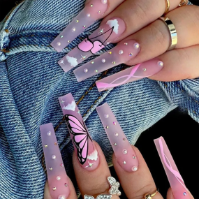Press on Nails Manufacturer - Long Coffin Butterfly Rhinestones Acrylic