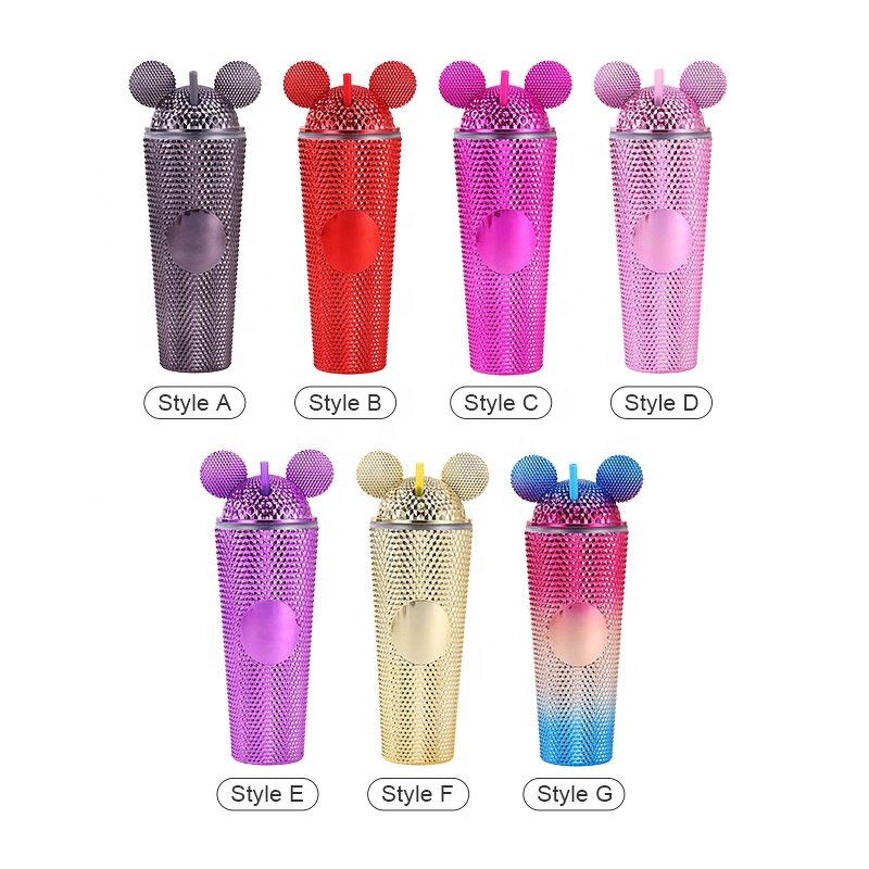 Studded Tumbler Cup Manufacturer - Luxury Business Gift 24oz Double Wall Electroplated Bling Gold Pink Mouse with Straw