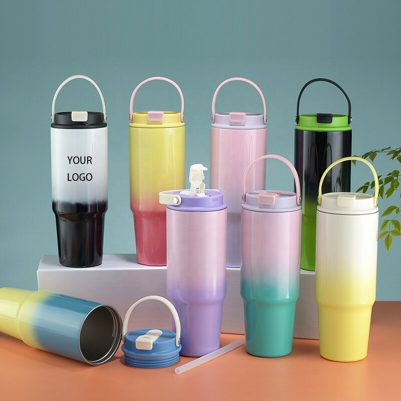 Travel Coffee Tumbler Manufacturer - Custom Print Eco-Friendly Stainless Steel Outdoor Portable 30oz Gradient with Straw Handle
