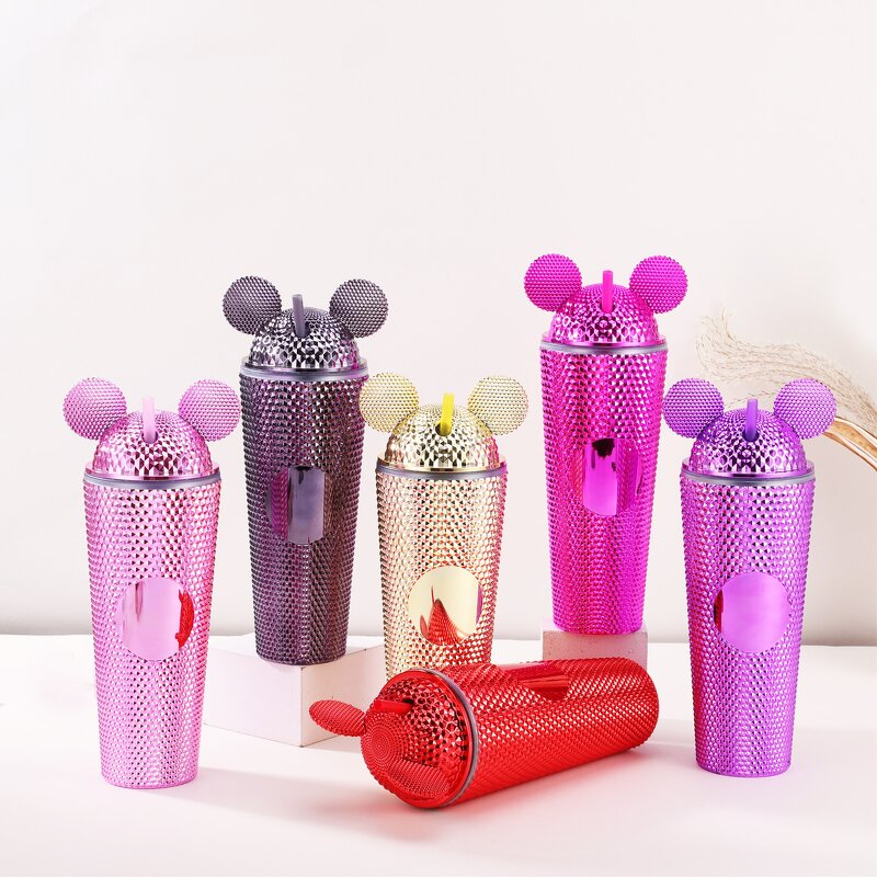 Studded Tumbler Cup Manufacturer - Luxury Business Gift 24oz Double Wall Electroplated Bling Gold Pink Mouse with Straw