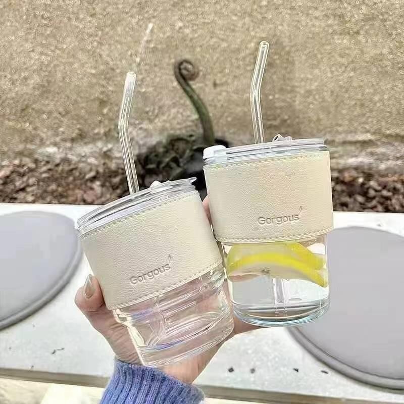 Glass Tumbler Manufacturer - INS Style Home 13oz with Leather Lid Cap Straw for Coffee Milk Juice