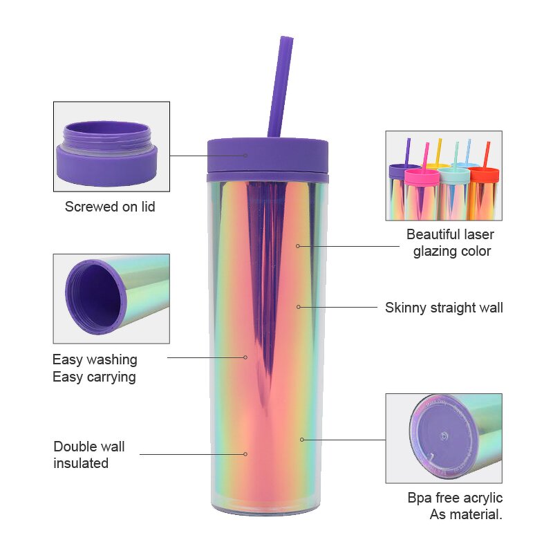 Acrylic Coffee Tumbler Manufacturer - Unique Promotional Gift with Logo 16oz Laser Shinning Bling Double Wall with Inserts Straw