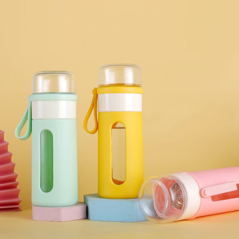 Glass Water Bottle Manufacturer - New Advertising Gift 400ml Macaron Pink Leakage-proof with Rope Lid Eco-Friendly Back School