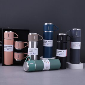 Coffee Flask Gift Set Manufacturer - Hot Selling Business Gift 17Oz Leak-proof Stainless Steel Black Vacuum with 3 Cups
