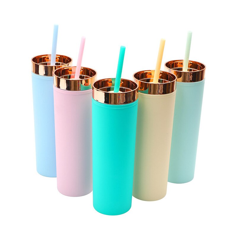Acrylic Tumblers Manufacturer - Custom Marketing Promotional Product Gifts 16oz Green Double Wall Powder Coated Skinny with Gold Lid Straw