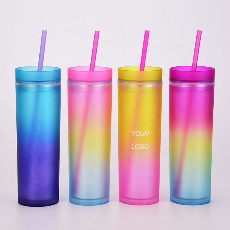 Acrylic Gradient Tumbler Manufacturer - Personalized Promotional Gift 16oz Matte Rainbow Skinny with Lid Straw for Party