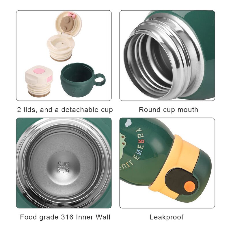 Children Thermos Manufacturer - Cartoon Insulated Leak Proof 500ml Vacuum 316 Stainless Steel Green Water Bottle