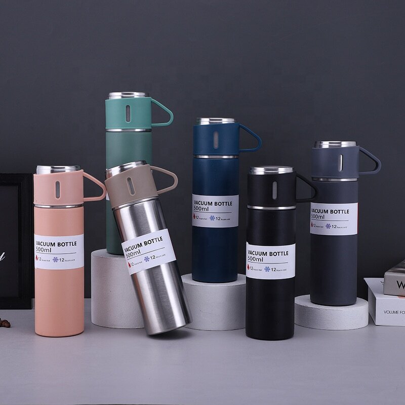 Coffee Drinking Flask Manufacturer - Custom Logo Grey 17oz Portable Stainless Steel Thermos Vacuum Insulated Gift Set with 3 Cups