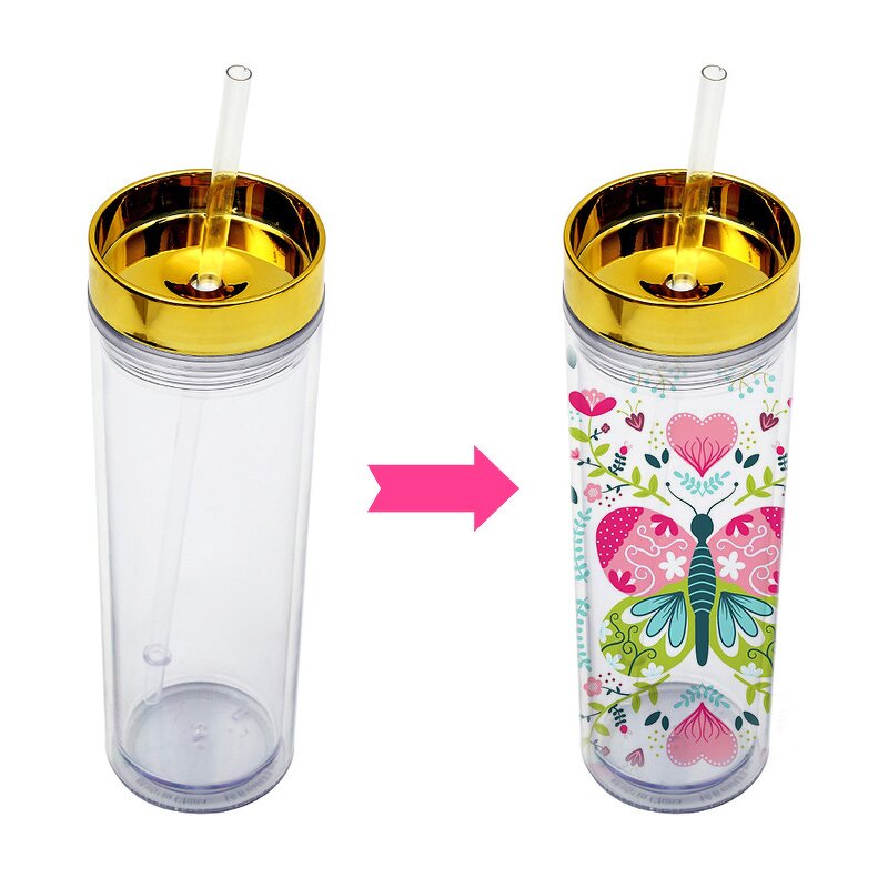 Acrylic Cup Tumbler Manufacturer - Cheap Giveaway Gift 16oz Clear Double Wall Skinny with Electroplated Gold Lid Straw