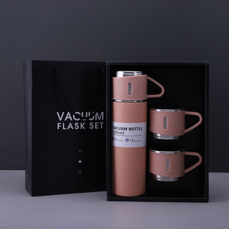 Coffee Flask Manufacturer - Promotional Gift 500ml Pink Leakproof Vacuum Insulated Stainless Steel with 3 Cups