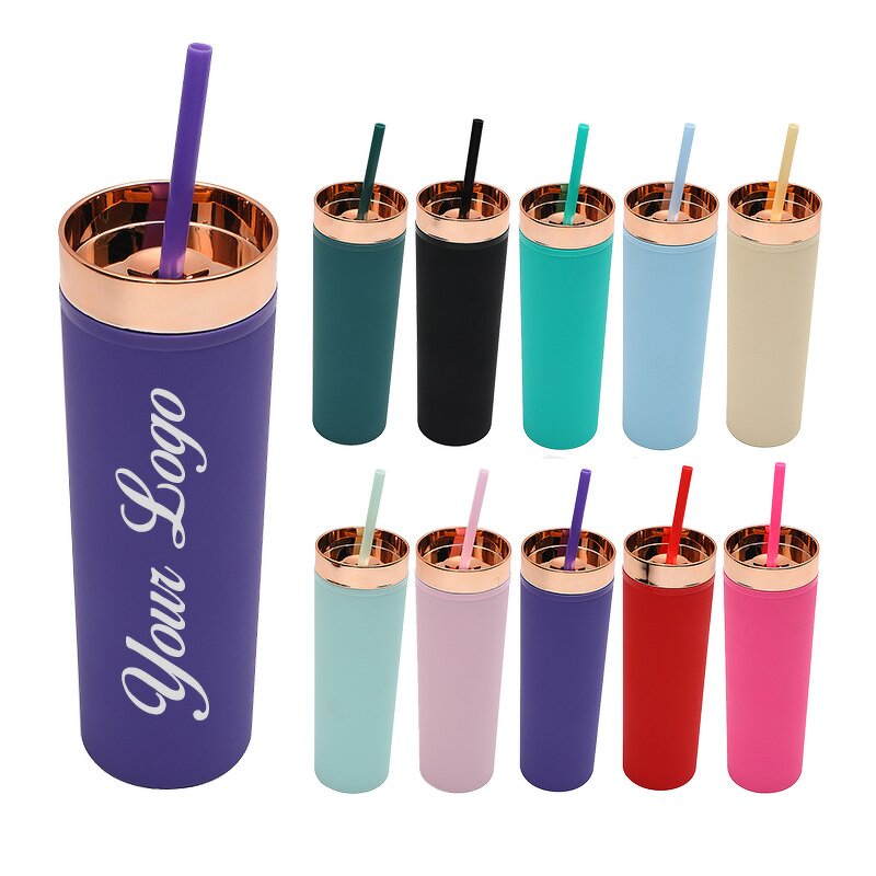 Acrylic Tumblers Manufacturer - Custom Marketing Promotional Product Gifts 16oz Green Double Wall Powder Coated Skinny with Gold Lid Straw