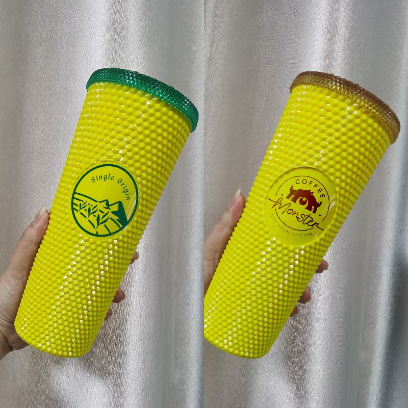 Studded Tumbler Cup Manufacturer - Customized 24 Ounce Plastic Double Wall Yellow Cold Water with Lid Straw